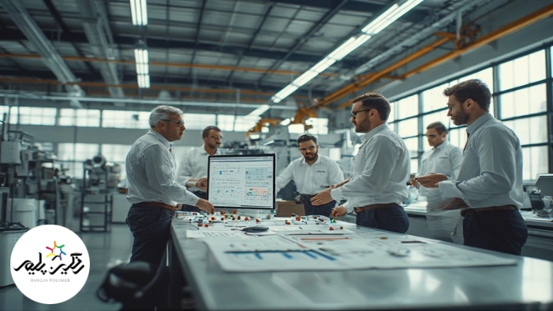 تیم مهندسی پلیمر در حال تحلیل فرایند تولید و ارائه راه‌حل مستربچ سفارشی